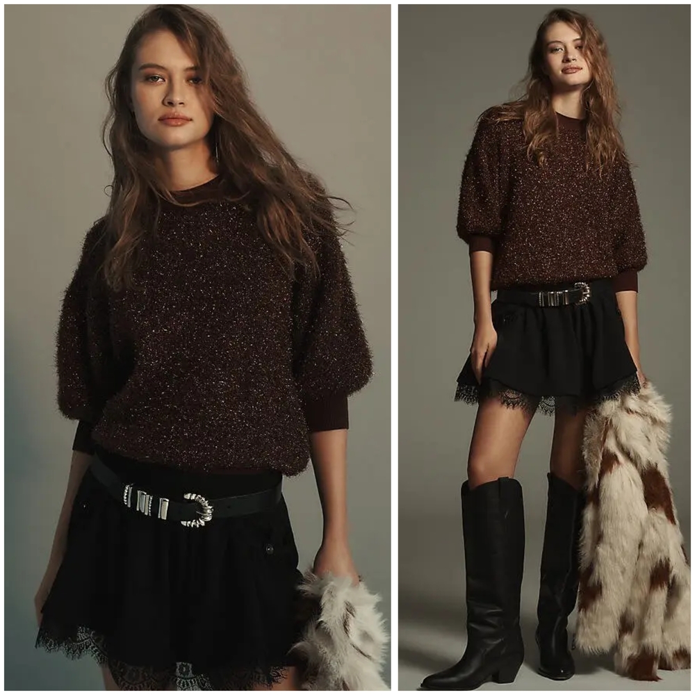 Anthropologie The Violetta Short-Sleeve Tinsel Sweater by Maeve In Brown